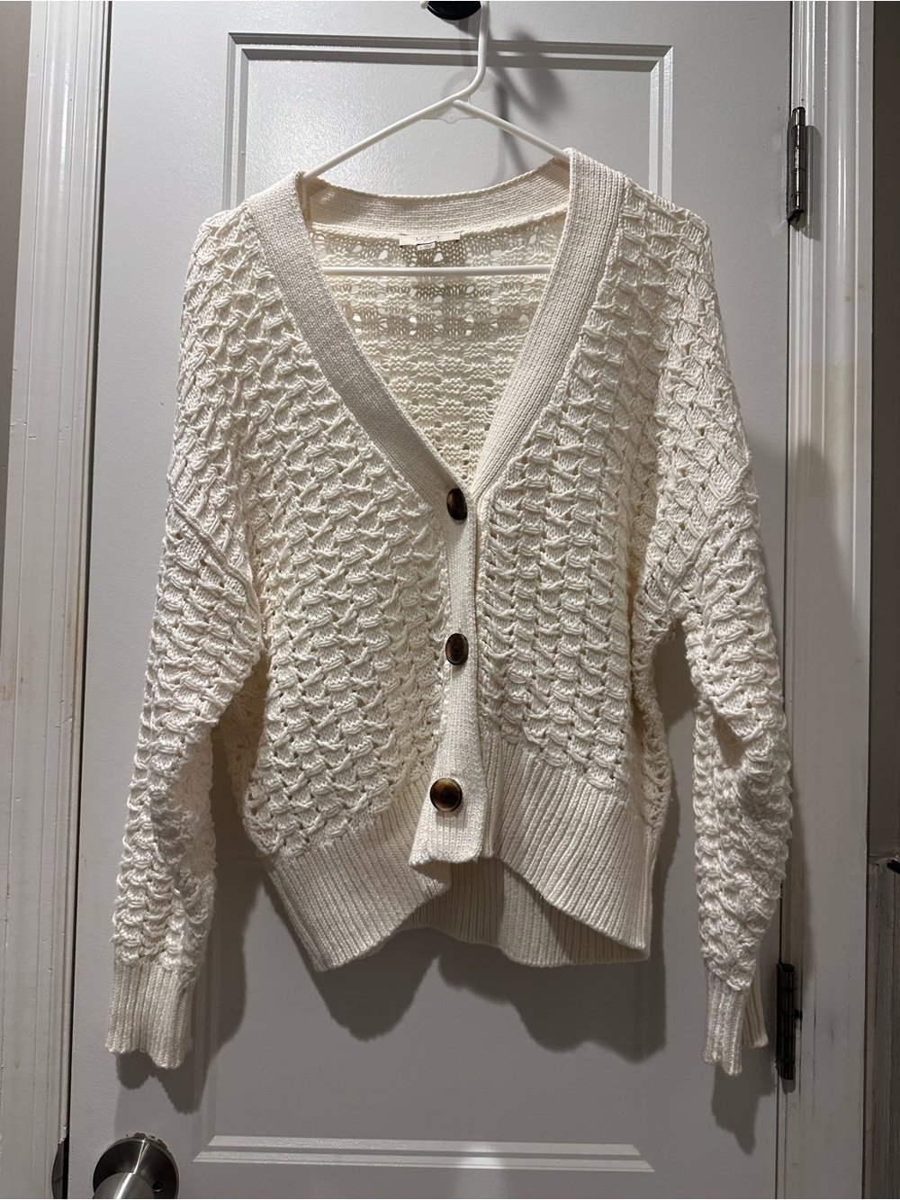 LOFT Cream Textured Knit Button-Front Cardigan